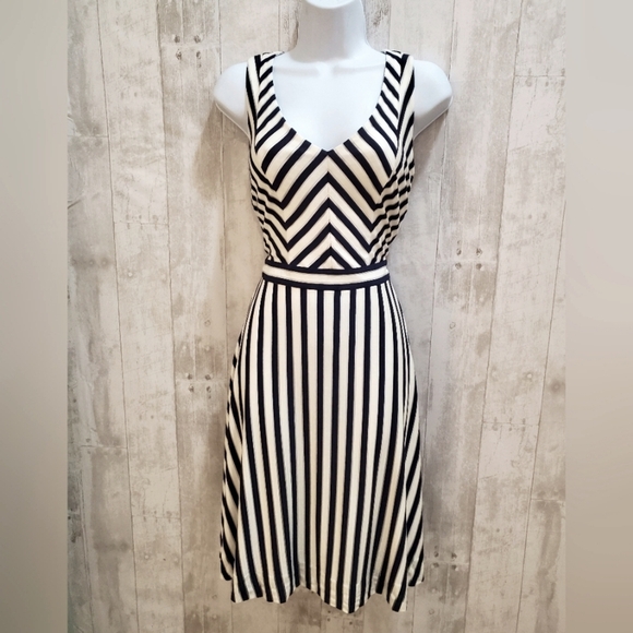 NWT ETCETERA Navy &  White Striped Fit & Flare Sleeveless Midi Dress Size 2 - Picture 1 of 3